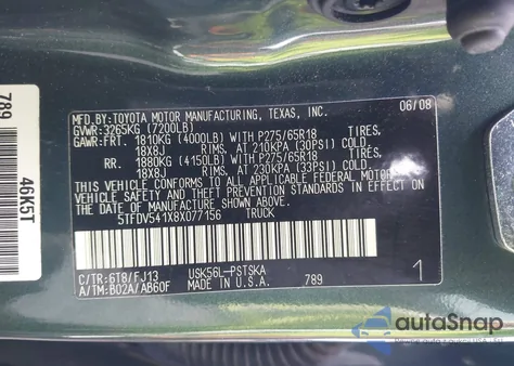 2008 Toyota Tundra Sr5 5.7L V8 z USA, uszkodzony, nr VIN 5TFDV541X8X077156